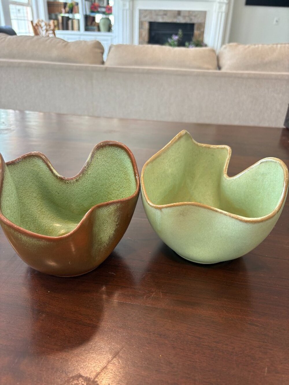 Vintage Frankoma Prairie Green Free Form Vase/drapery Bowl F29, set of 2